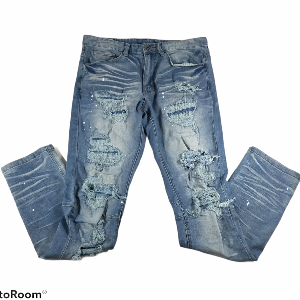 Smoke Rise Men 32×32 Stretch Destroyed Paint Jeans